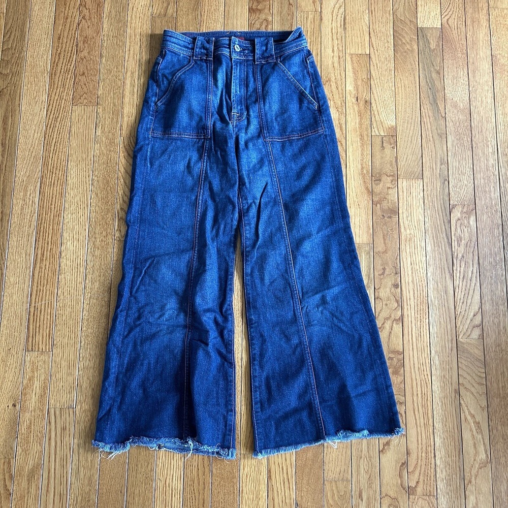 7 For All Mankind Womens Jeans 27 Bootcut Flare Raw Hem Blue Stretch